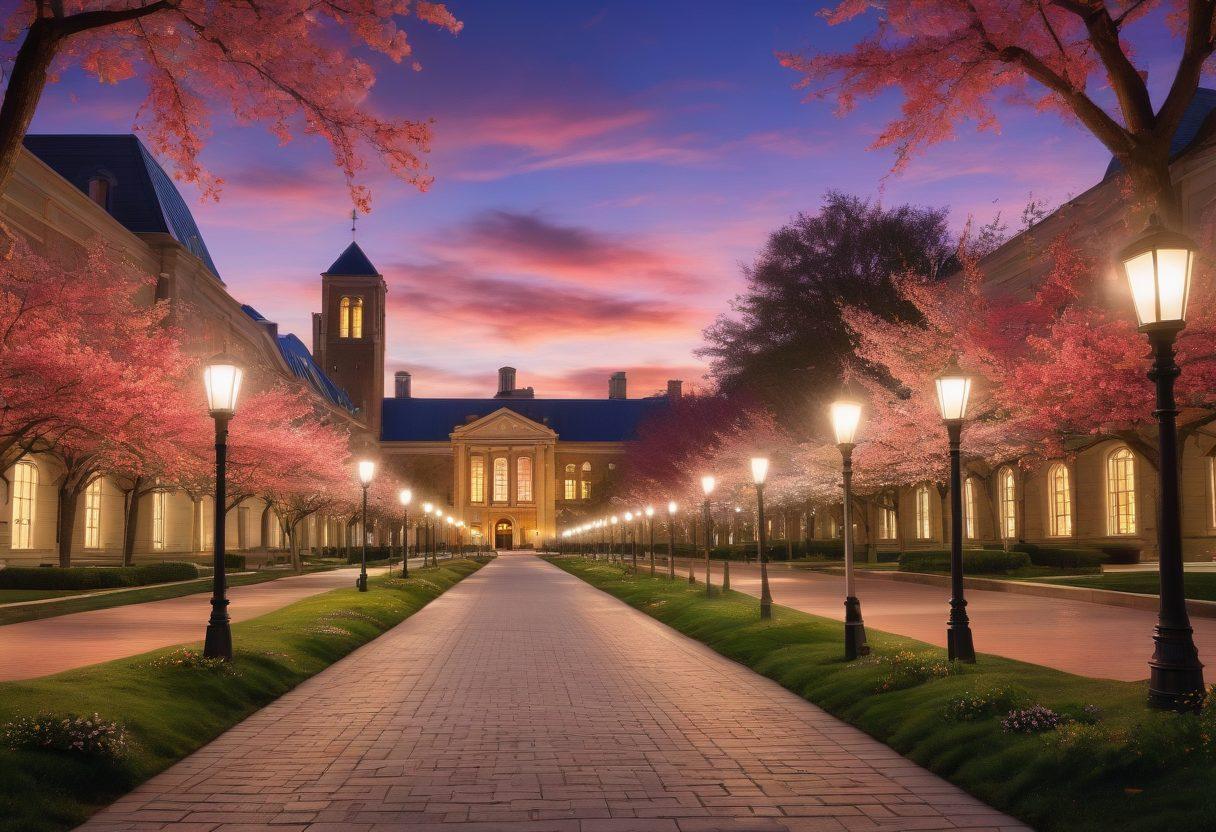 A vibrant pathway leading through an enchanted university campus, lined with blooming trees and academic symbols like books and graduation caps. In the distance, a majestic library towers under a twilight sky, symbolizing research excellence. Along the path, diverse students are engaged in scholarly discussions, highlighting collaboration and growth. Include elements like glowing lightbulbs to represent ideas and inspiration. super-realistic. vibrant colors. 3D.