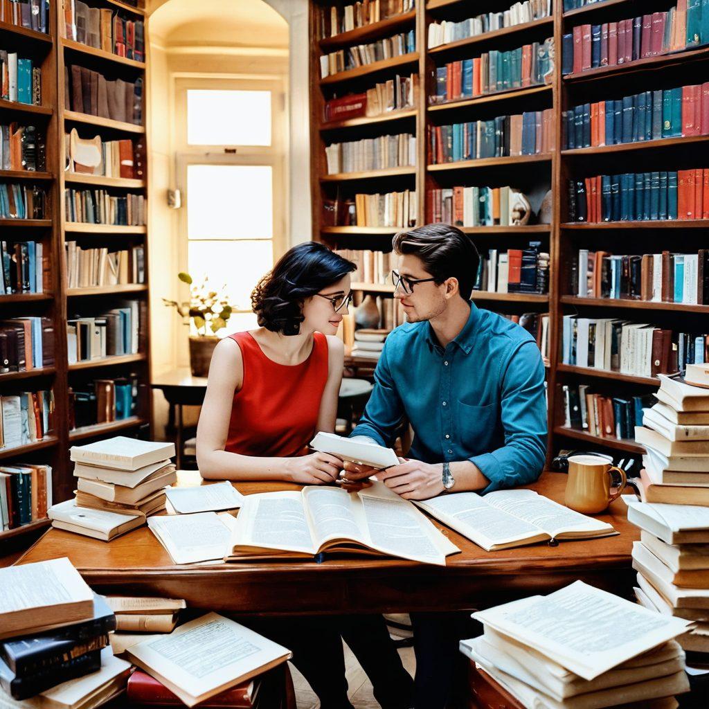 A whimsical collage depicting a couple in a library surrounded by books and research papers, romantically sharing a coffee while deep in conversation. One person is leaning against a stack of books, while the other is jotting notes in a journal. The background features delicate hearts made of paper and floating pages, symbolizing their academic love story. The color palette should be warm and inviting, capturing the essence of both romance and intellectual pursuit. vibrant colors. 3D effect.