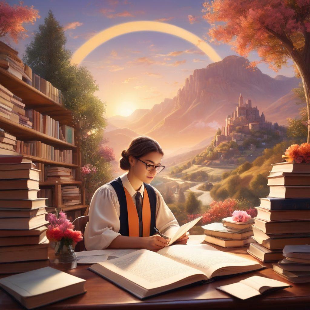 A dreamy, romantic illustration of a graduate student surrounded by books and academic papers, with a soft glow illuminating their determination as they pen their thesis. In the background, a whimsical landscape symbolizing the academic journey, with gentle hills and lighthearted elements like a vintage bicycle and blooming flowers, embodying passion and exploration. super-realistic. warm colors. soft focus.
